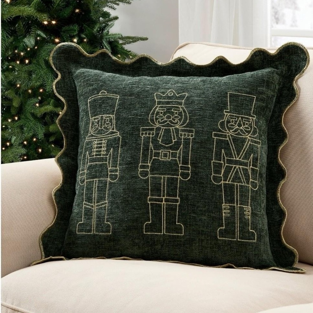 Decorative embroidered Christmas throw pillow 18x18 Green Nutcracker Holiday set